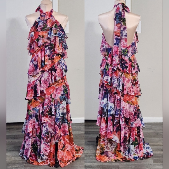 BHLDN Anthropologie Isabel Halter Ruffle Chiffon Floral Maxi Dress - Picture 4 of 14